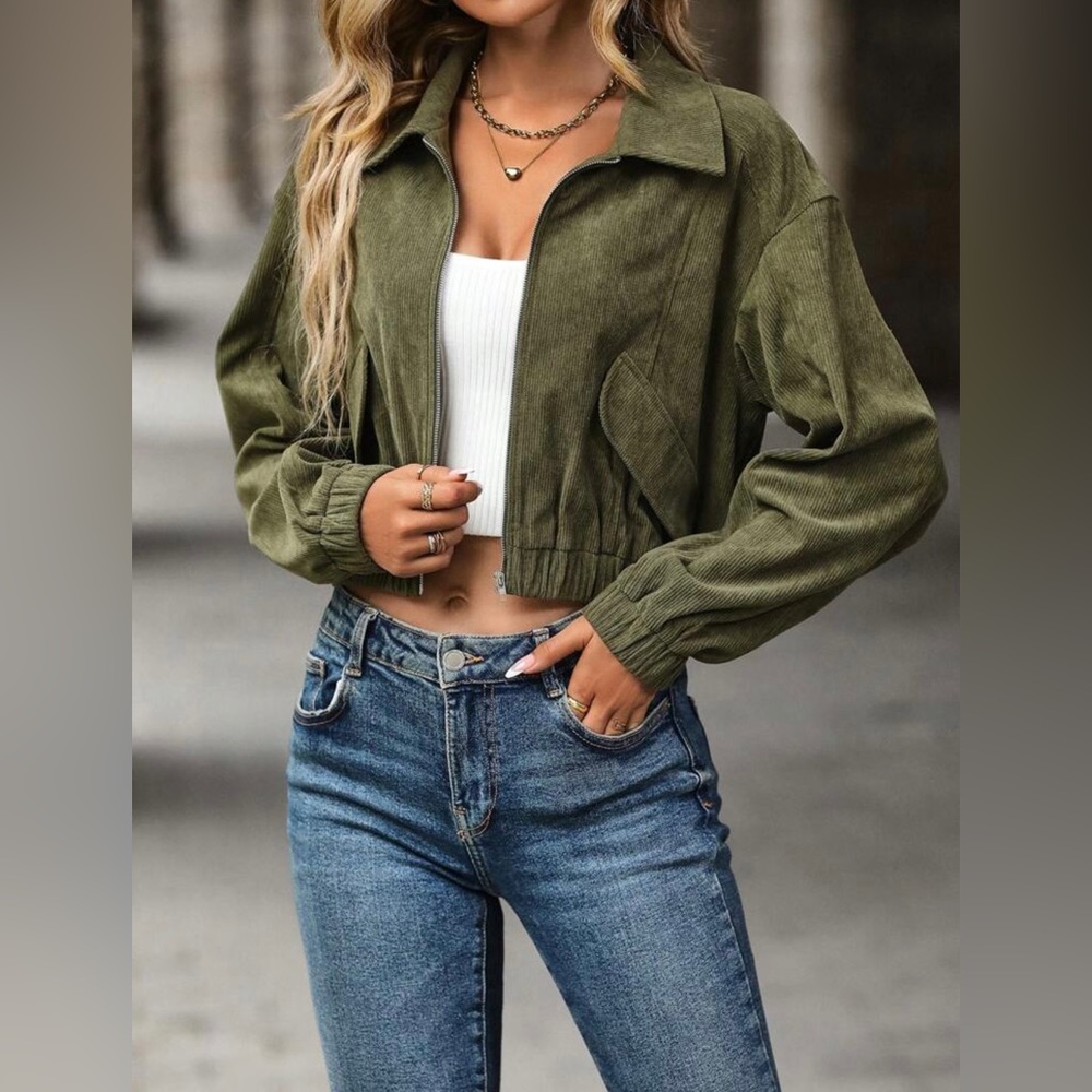 SHEIN | NWOT Women’s Green Drop Shoulder Zip Up corduroy Crop Jacket size Large